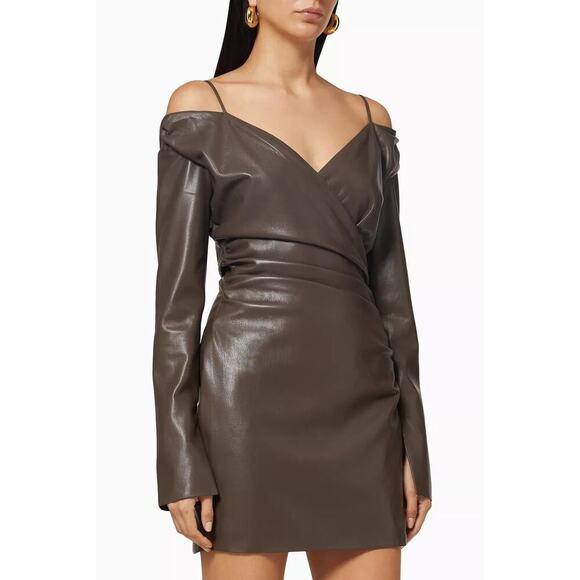 Nanushka Moha Dress Cold Shoulder Ruched Wrap Mini Faux Leather Brown Medium - Picture 1 of 10
